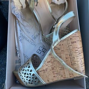 BCBG gold wedge sandals